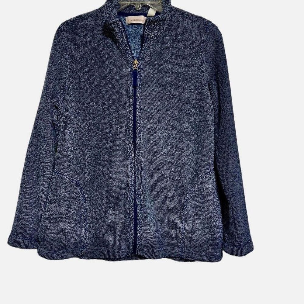 Stan Herman Cardigan Sweater Women's Medium Navy & White Full Zip Terry Cloth